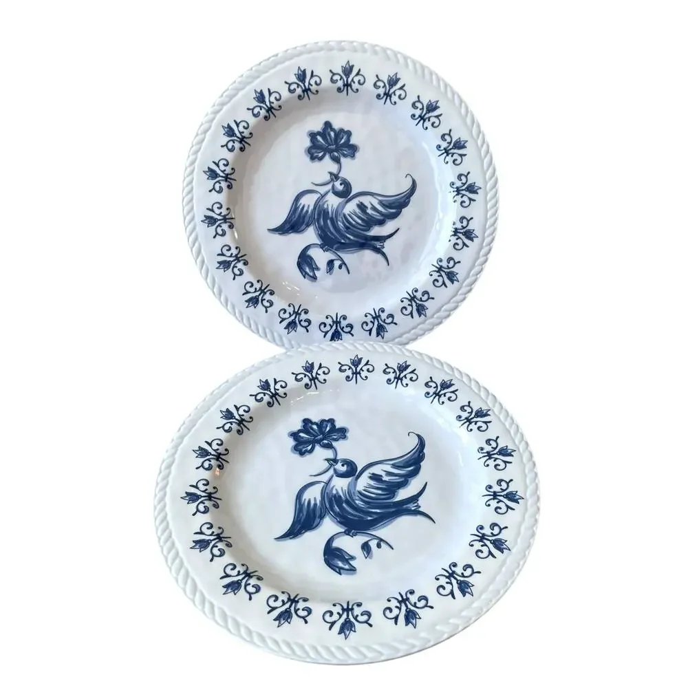 TAHARI Dove Bird of Peace Melamine Dinner Plates 11in  Set of 4 Blue & White NEW